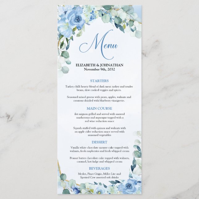 Elegant  Dusty Blue and Gold frame Floral Rustic  Menu (Front)