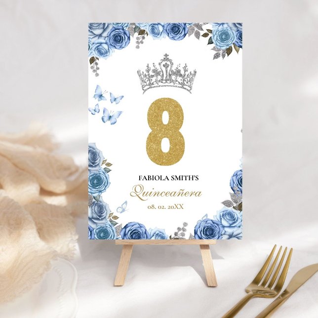 Elegant dusty blue and  gold quinceanera  table number (Creator Uploaded)