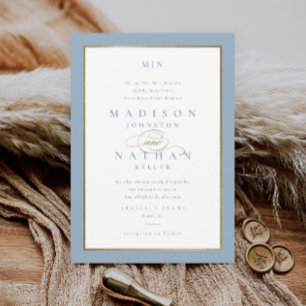 Elegant Dusty Blue and Gold Wedding Invitation