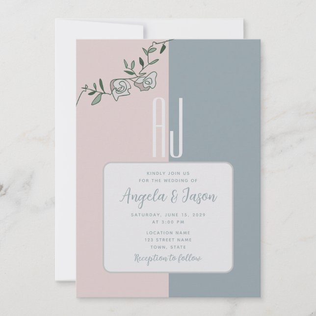 Elegant Dusty Blue and Pink Floral Photo Wedding  Invitation (Front)