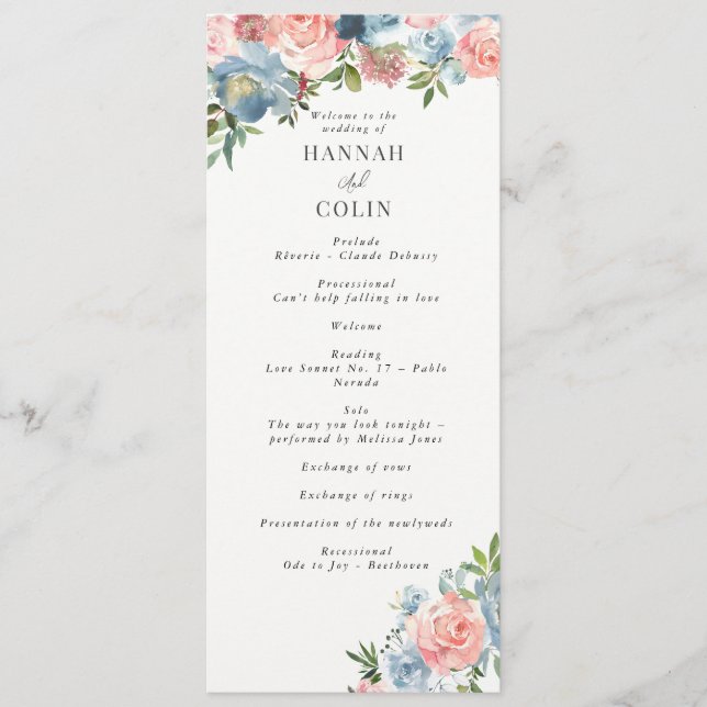 Elegant Dusty Blue and Rose Floral Swag Program (Front)