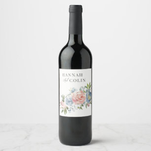 Elegant Dusty Blue and Rose Floral Swag Wine Label