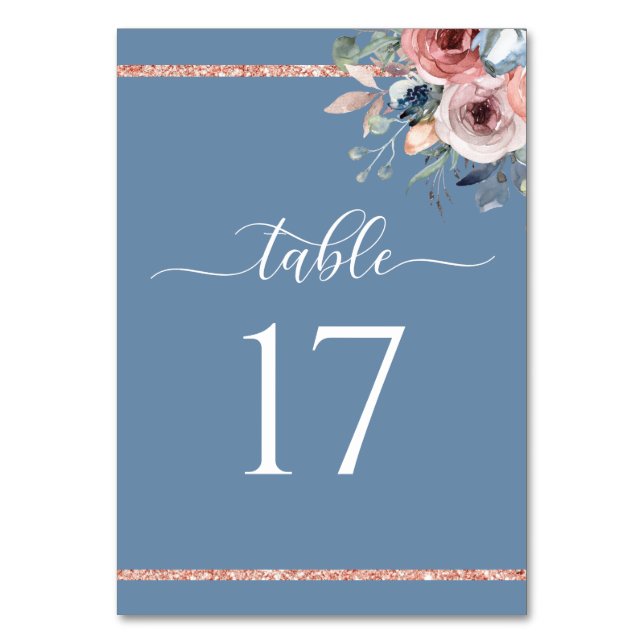 Elegant Dusty Blue and Rose Gold Wedding Table Number (Front)