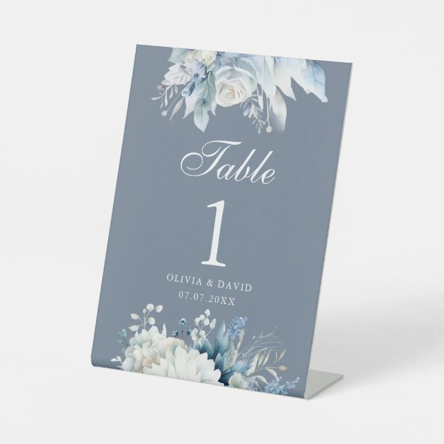 Elegant Dusty Blue and White Floral Wedding  Pedestal Sign (Front)