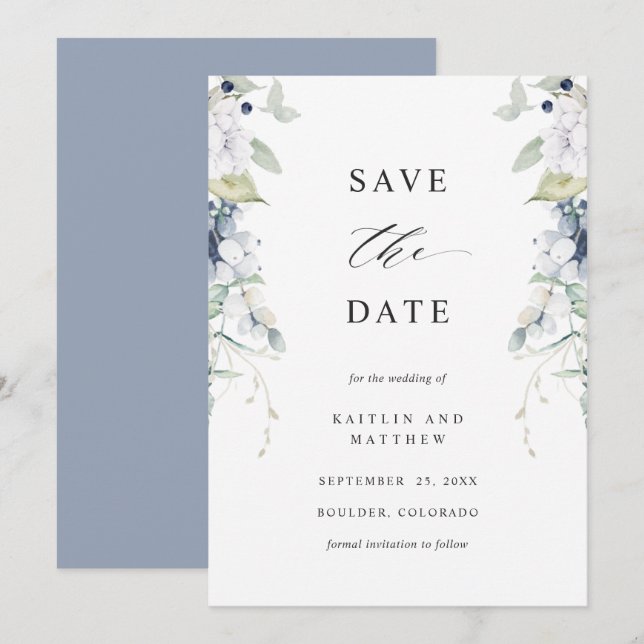  Elegant Dusty Blue and White Floral Wedding Save The Date (Front/Back)
