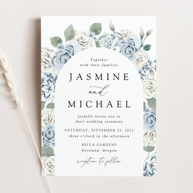 Elegant Dusty Blue Arch Floral Frame Wedding Invitation (Creator Uploaded)