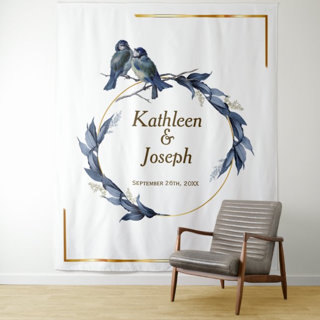 Elegant Dusty Blue Birds White Wedding Backdrop Tapestry (In Situ)