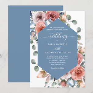 Elegant Dusty Blue Blissful Floral Wedding Invitation
