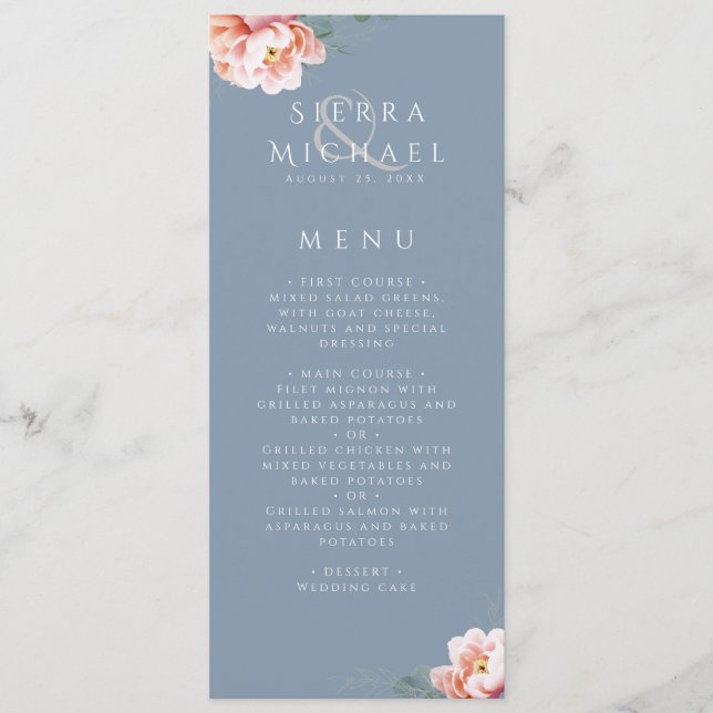 Elegant Dusty Blue Blush Floral Wedding Dinner Menu (Front)