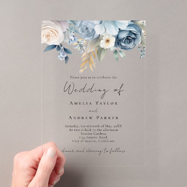 Elegant Dusty Blue Blush Pink Floral Wedding Acrylic Invitations (Insitu (Handheld))