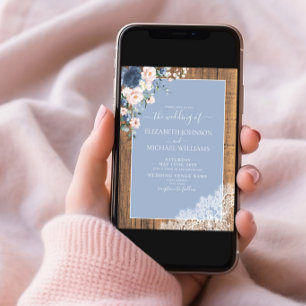 Elegant Dusty Blue Blush Rustic Lace Photo Wedding Invitation