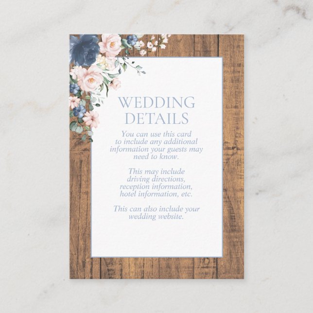 Elegant Dusty Blue Blush Rustic Wood Details Enclosure Card (Front)
