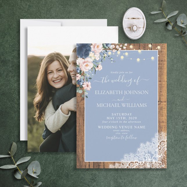 Elegant Dusty Blue Blush Rustic Wood Lace Photo Invitation (Creator Uploaded)