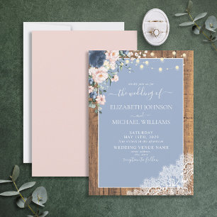 Elegant Dusty Blue Blush Rustic Wood Lace Script I Invitation