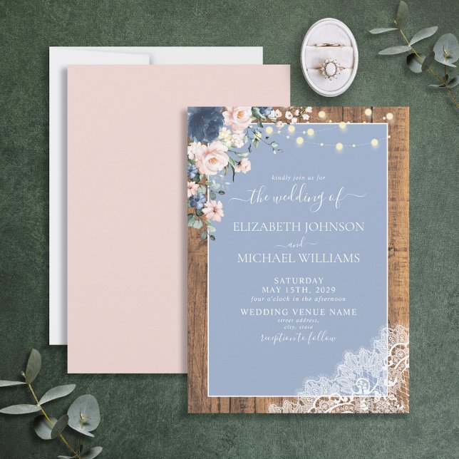 Elegant Dusty Blue Blush Rustic Wood Lace Script I Invitation (Creator Uploaded)