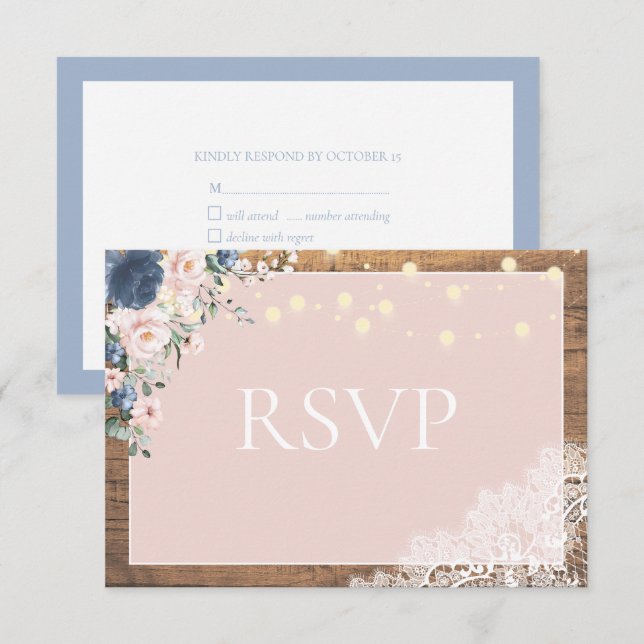 Elegant Dusty Blue Blush Rustic Wood Lace Script RSVP Card (Front/Back)