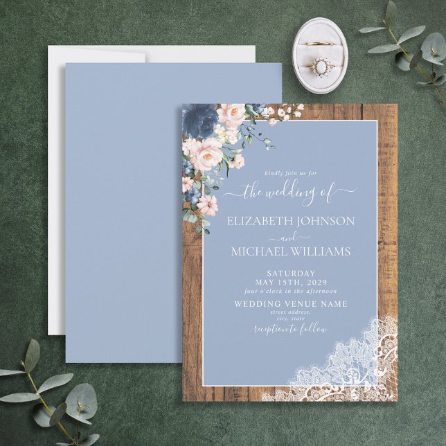 Elegant Dusty Blue Blush Rustic Wood Lace Wedding  Invitation (Creator Uploaded)