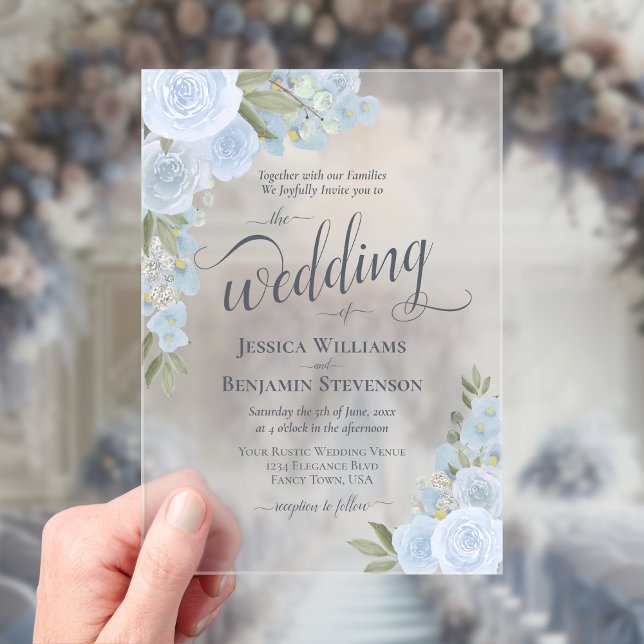Elegant Dusty Blue Boho Chic Roses Fancy Wedding Acrylic Invitations (Creator Uploaded)