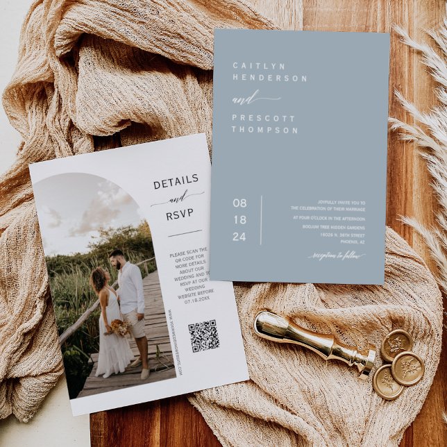 Elegant Dusty Blue Boho Photo QR Code Wedding Invi Invitation (Creator Uploaded)