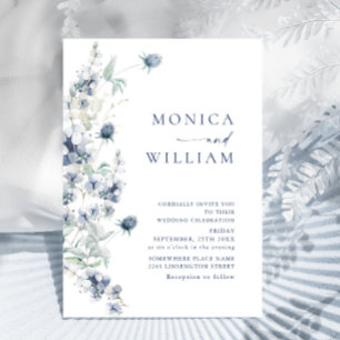 Elegant Dusty Blue Boho Winter Foliage Wedding Invitation