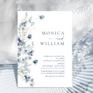 Elegant Dusty Blue Boho Winter Foliage Wedding Invitation