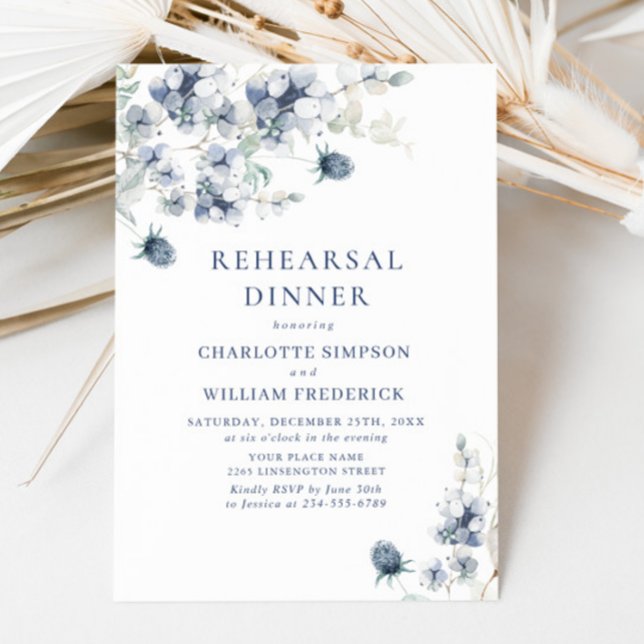 Elegant Dusty Blue Boho Winter Rehearsal Dinner Invitation (Creator Uploaded)