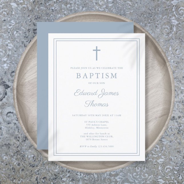 Elegant Dusty Blue Border Baptism Invitation Postcard (Elegant Dusty Blue Border Baptism Invitation Postcard)