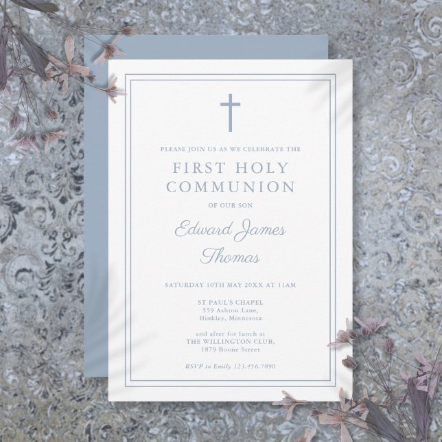 Elegant Dusty Blue Border First Holy Communion Invitation (Elegant Dusty Blue Border First Holy Communion Invitation)