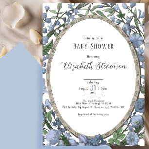 Elegant Dusty Blue Botanical Floral Baby Shower Invitation