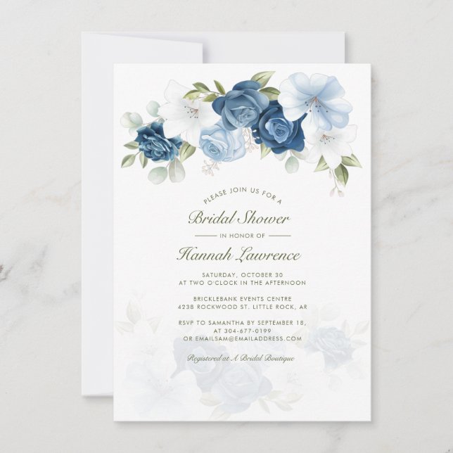 Elegant Dusty Blue Botanical Floral Bridal Shower Invitation (Front)
