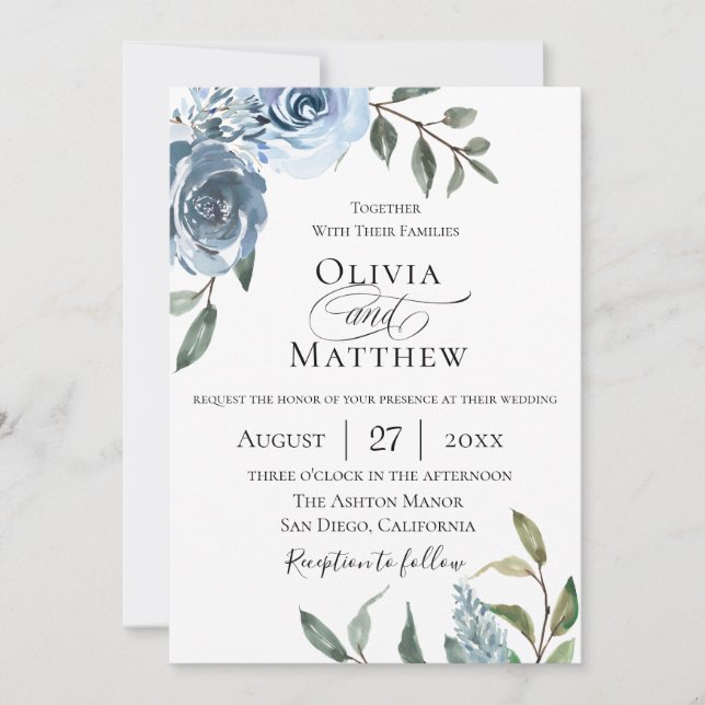 Elegant Dusty Blue Botanical Wedding Invitation (Front)
