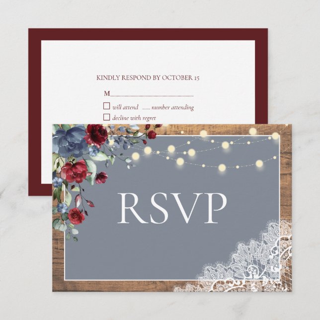 Elégant Dusty Blue Bourgogne Floral Lace Bois RSVP (Devant / Derrière)