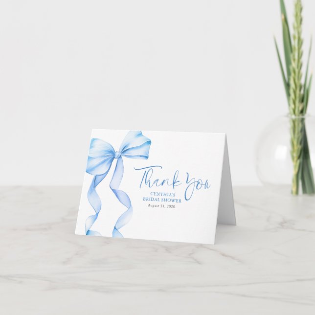 Elegant Dusty Blue Bow Bridal Shower Thank You Card (Front)