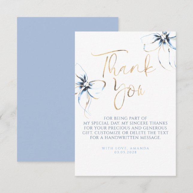 Elegant Dusty Blue Bow Bridal Shower Thank You Card (Front/Back)