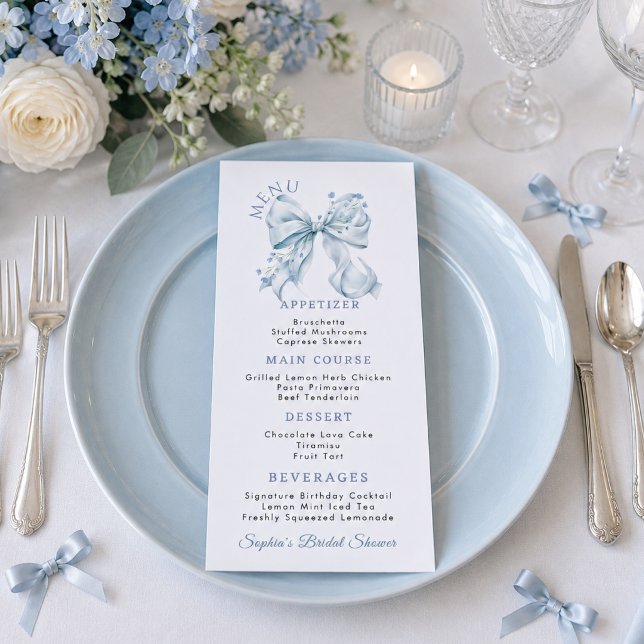 Elegant Dusty Blue Bow Coquette Flat Menu (Elegant Dusty blue Bow Coquette bridal shower Menu Card)