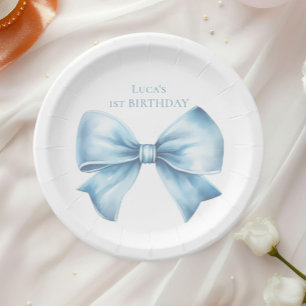 Elegant Dusty Blue Bow First Boy Birthday Paper Plate