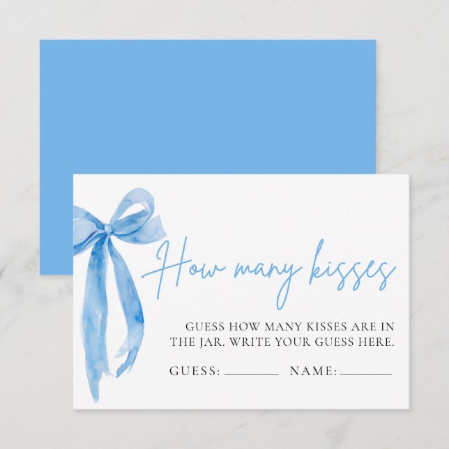 Elegant Dusty Blue Bow Guess How Many Kisses Game Invitation (Front/Back)