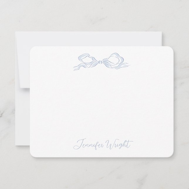 Elegant Dusty Blue Bow Personalized Stationery Card (Front)