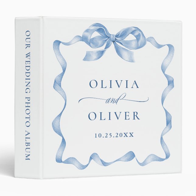 Elegant Dusty Blue Bow Ribbon Wedding photo album Binder (Front/Spine)