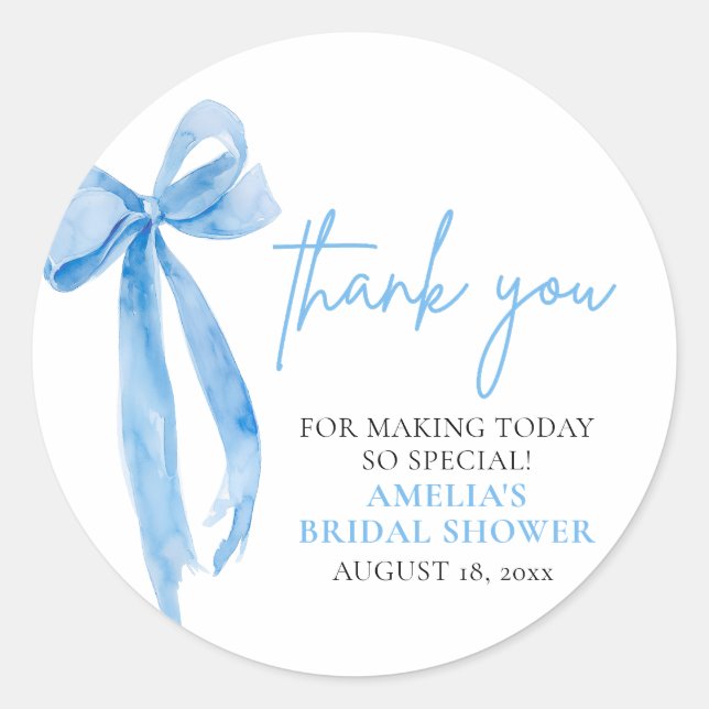 Elegant Dusty Blue Bow Thank you Bridal Shower Classic Round Sticker (Front)