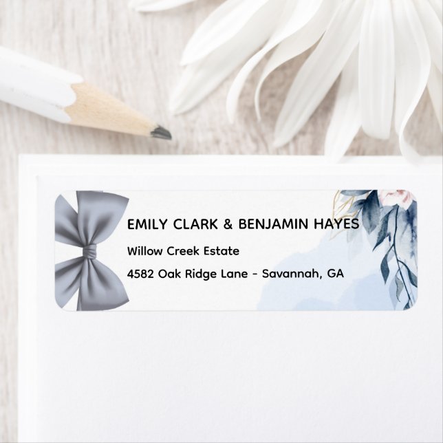 Elegant Dusty Blue Bow Wedding Return Adress (Insitu)
