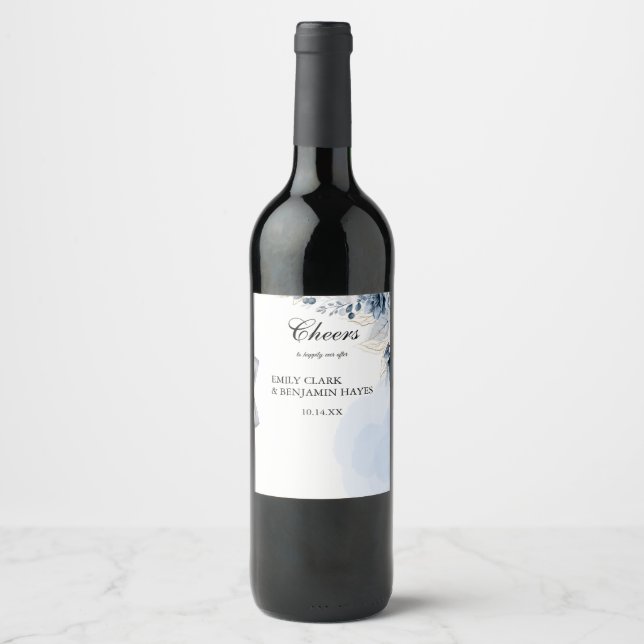 Elegant Dusty Blue Bow Wedding Return Adress Wine Label (Front)