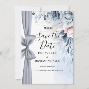 Elegant Dusty Blue Bow Wedding Save The Date