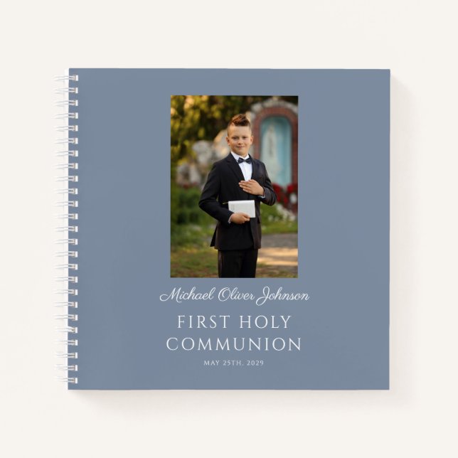  Elegant Dusty Blue Boy First Communion Guestbook Notebook (Front)