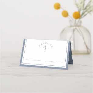 Elegant Dusty Blue Boy First Communion Place Card
