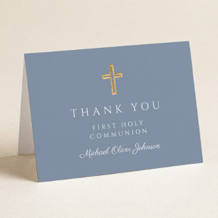Elegant Dusty Blue Boy First Communion Thank You Card