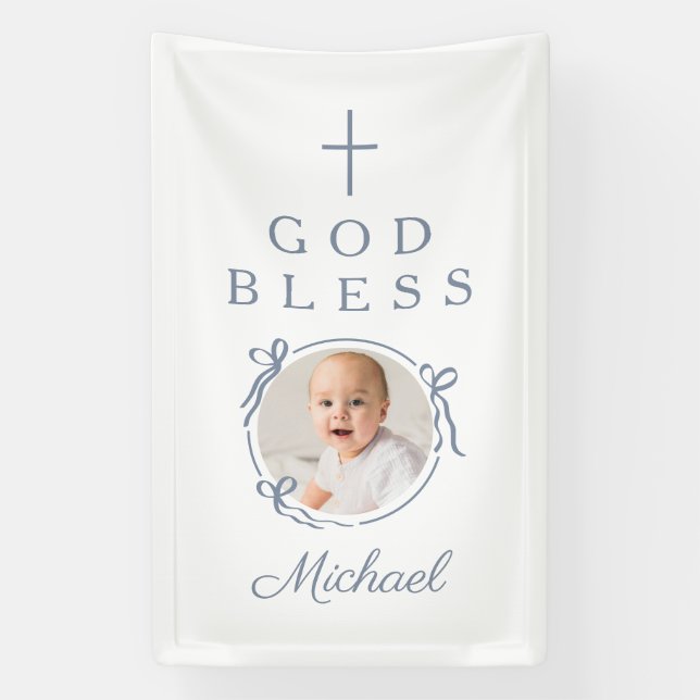 Elegant Dusty Blue Boy God Bless Photo Banner (Vertical)