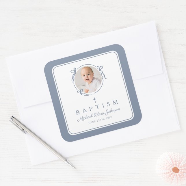 Elegant Dusty Blue Boy Photo Baptism Square Sticker (Envelope)