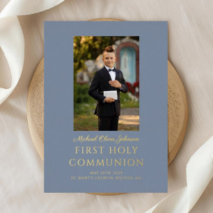 Elegant Dusty Blue Boy Photo First Communion Gold