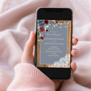 Elegant Dusty Blue Burgundy Floral Lace Wood Invitation